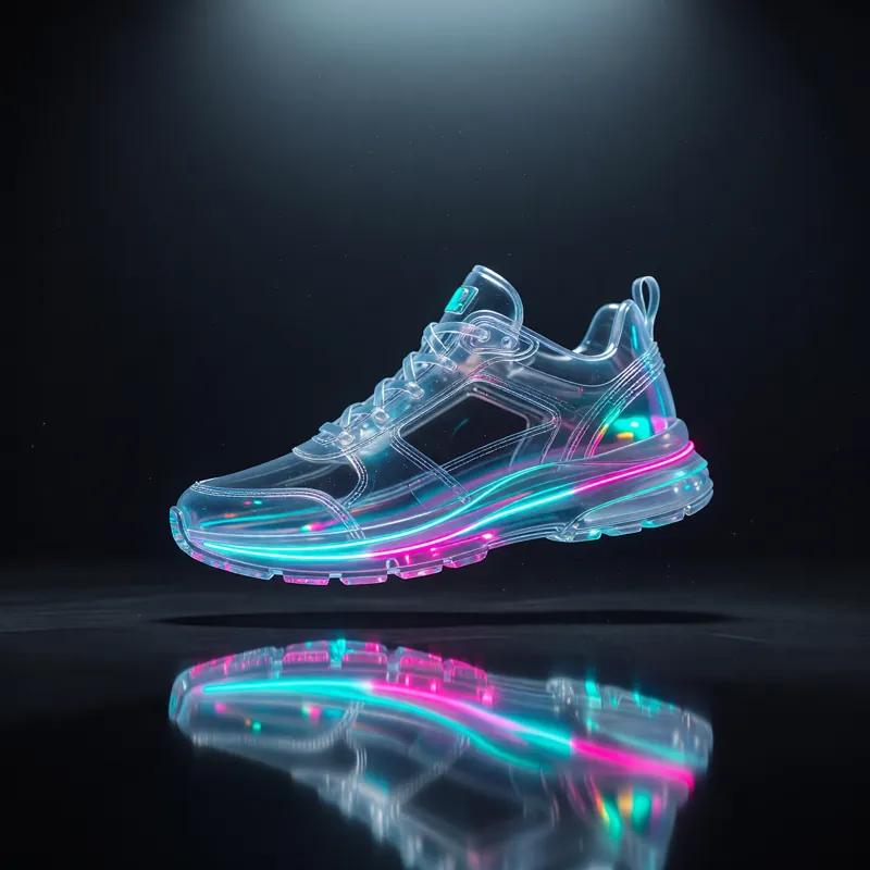 A futuristic sneaker made of translucent glass and neon light floating above a dark reflective surface, studio lighting