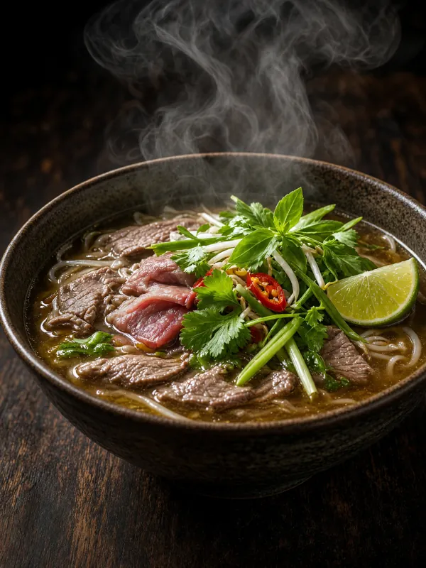 Vietnamese pho bowl with rising steam, fresh herbs and lime, dark wood table, moody food advertising photo