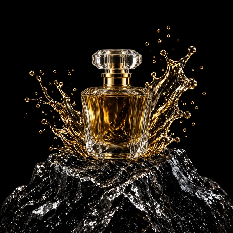 Luxury perfume bottle on black obsidian rock, golden liquid splash frozen mid-air, dramatic studio lighting, high-end commercial product photography